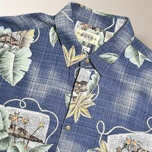 Campia Moda Mens XL Blue Hawaiian Shirt Tropical Island Palm Short Sleeve Travel